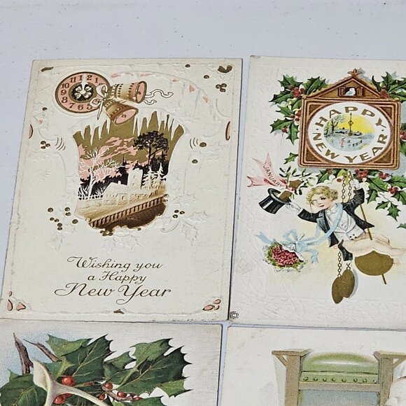 Antique Christmas New Years Postcard Lot/14 ephemera 1910s Embossed bells floral - Picture 3 of 11